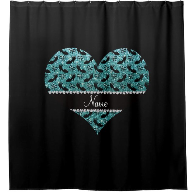 Personalized name turquoise glitter fancy shoe bow shower curtain (Front)
