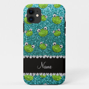 Personalized name turquoise glitter frogs iPhone 11 case