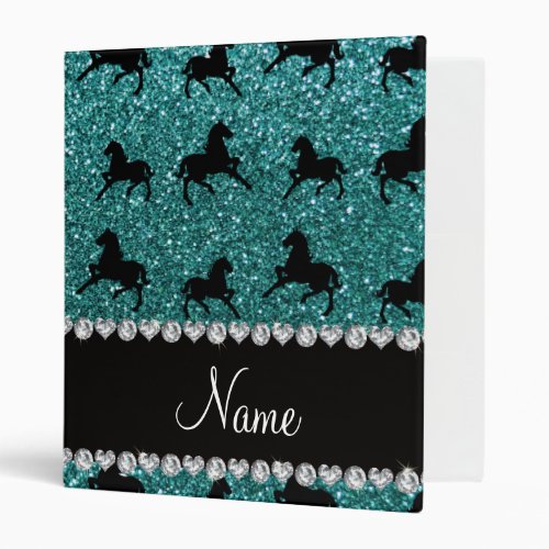 Personalized name turquoise glitter horses binder