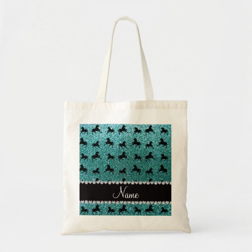 Personalized name turquoise glitter horses tote bag