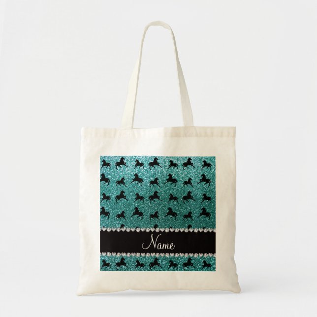 Personalized name turquoise glitter horses tote bag (Front)