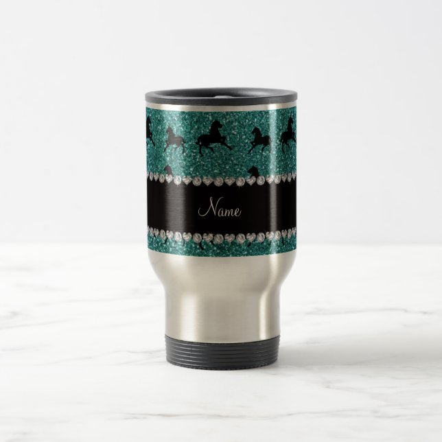 Personalized name turquoise glitter horses travel mug (Center)