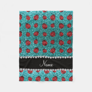 Personalized name turquoise glitter ladybug fleece blanket