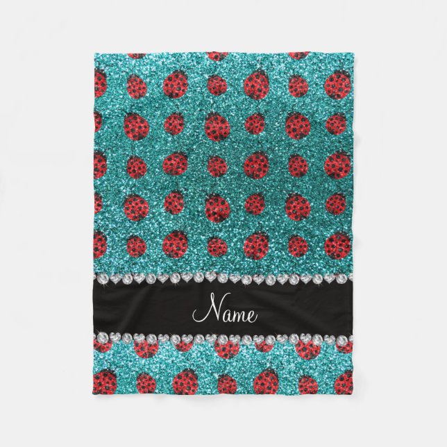 Personalized name turquoise glitter ladybug fleece blanket (Front)