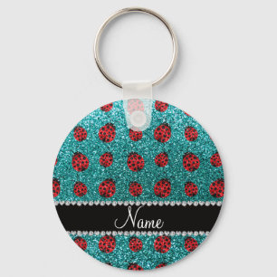 Personalized name turquoise glitter ladybug keychain