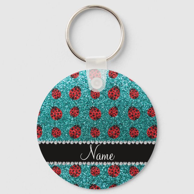 Personalized name turquoise glitter ladybug keychain (Front)