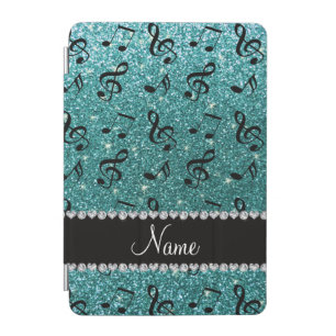 Personalized name turquoise glitter music notes iPad mini cover