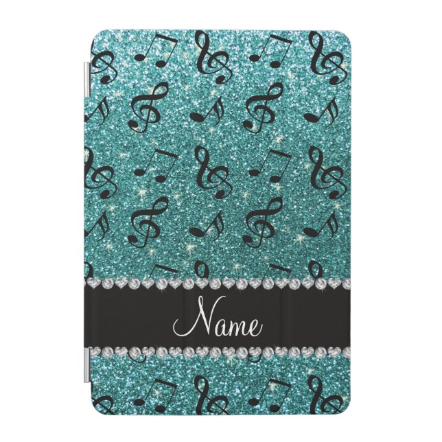 Personalized name turquoise glitter music notes iPad mini cover (Front)