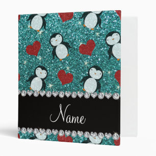 Personalized name turquoise glitter penguins heart 3 ring binder