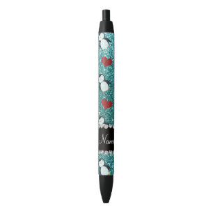 Personalized name turquoise glitter penguins heart pen