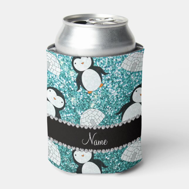 Personalized name turquoise glitter penguins igloo can cooler (Can Front)