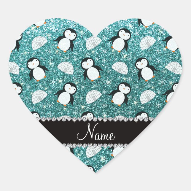 Personalized name turquoise glitter penguins igloo heart sticker (Front)