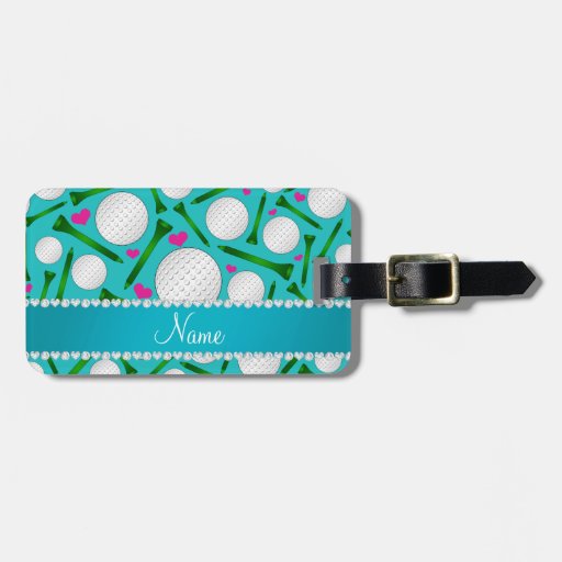 Personalized name turquoise golf balls tees hearts bag tag | Zazzle