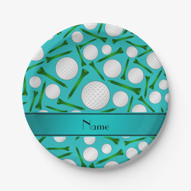 Personalized name turquoise golf balls tees paper plates (Front)