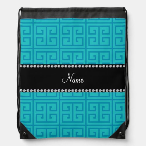 Personalized name turquoise greek key pattern drawstring bag