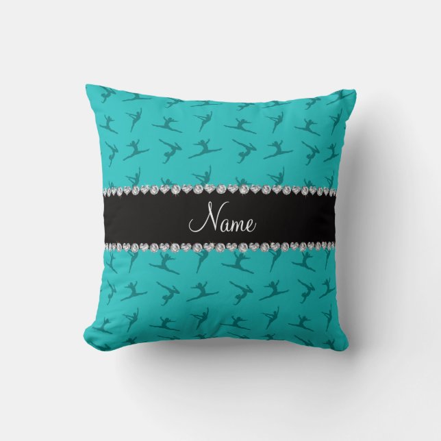 Personalized name turquoise gymnastics pattern throw pillow (Front)