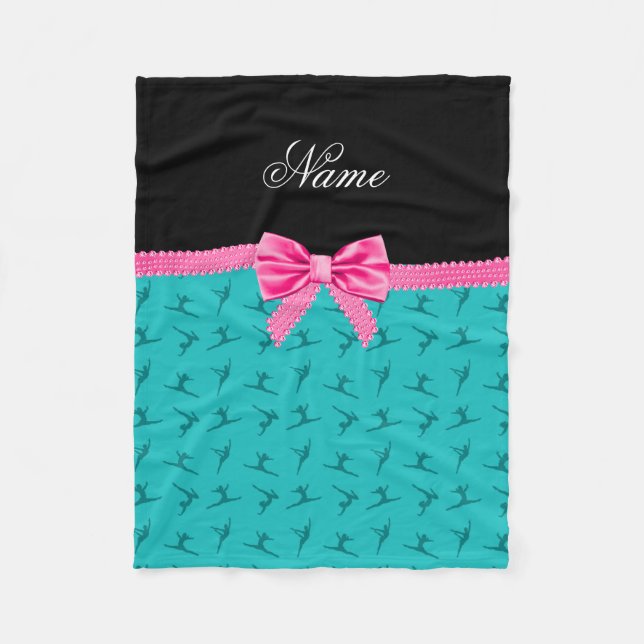 Personalized name turquoise gymnastics pink bow fleece blanket (Front)