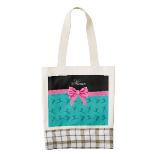 Personalized name turquoise gymnastics pink bow zazzle HEART tote bag