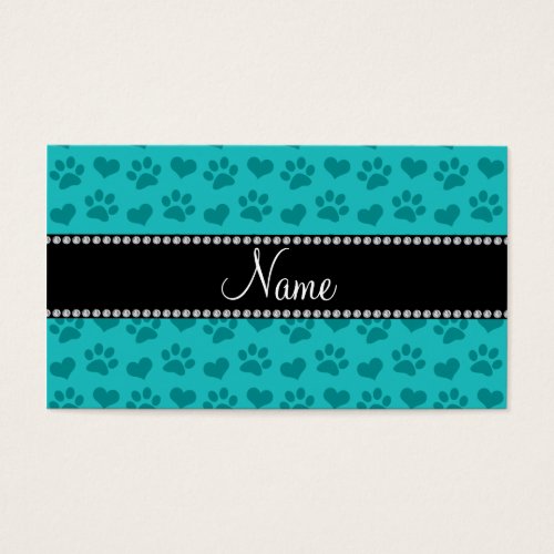 Personalized name turquoise hearts and paw prints business card templates