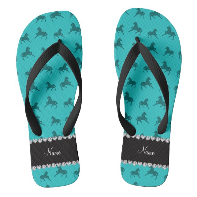 Personalized name turquoise horse pattern flip flops (Footbed)