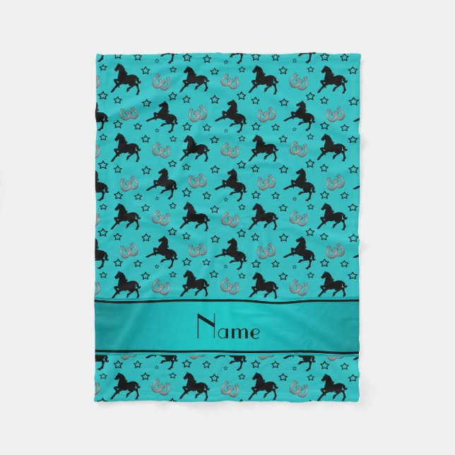 Personalized name turquoise horses stars horseshoe fleece blanket (Front)