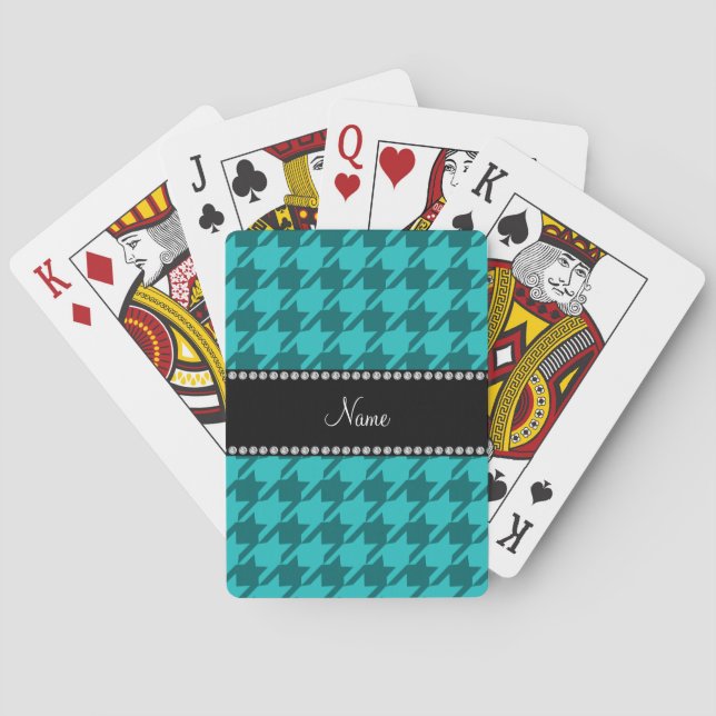 Personalized name turquoise houndstooth poker cards (Back)