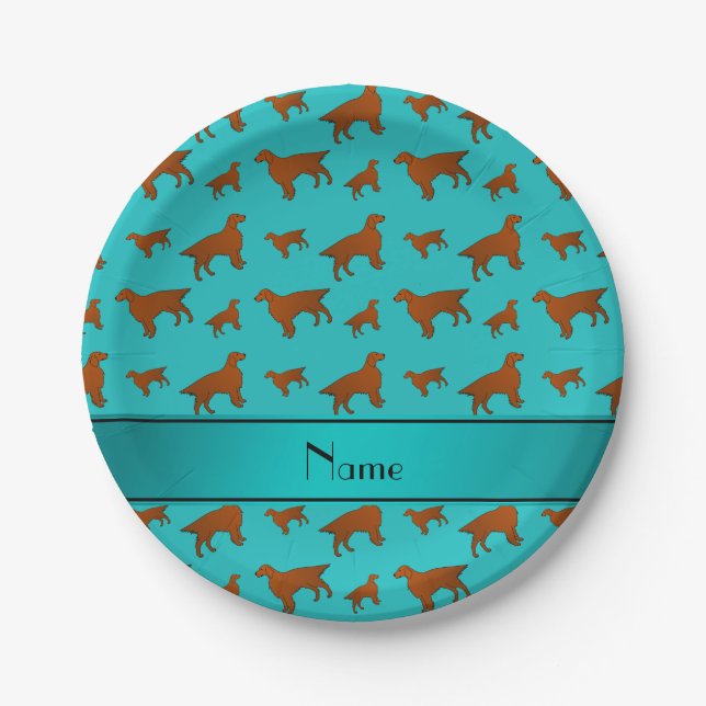 Personalized name turquoise irish setter dogs paper plates (Front)