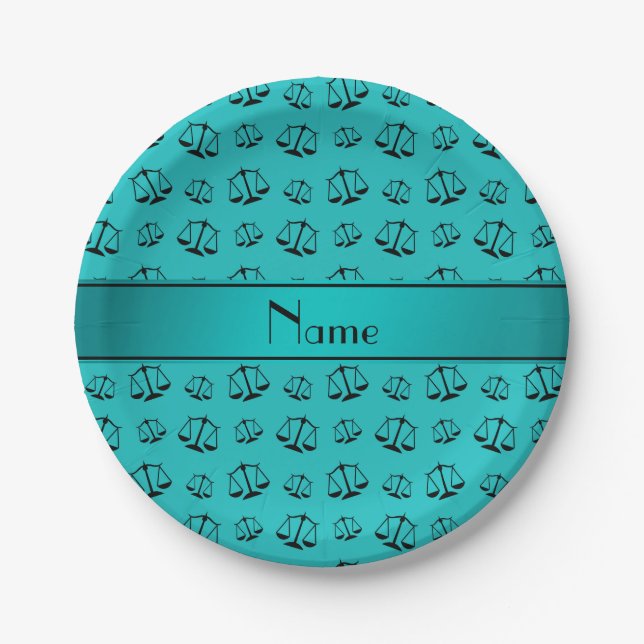 Personalized name turquoise justice scales paper plates (Front)
