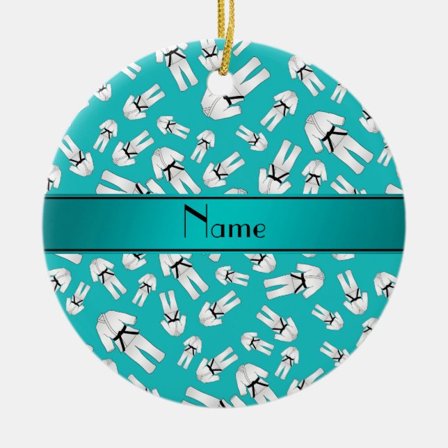 Personalized name turquoise karate pattern ceramic ornament (Front)