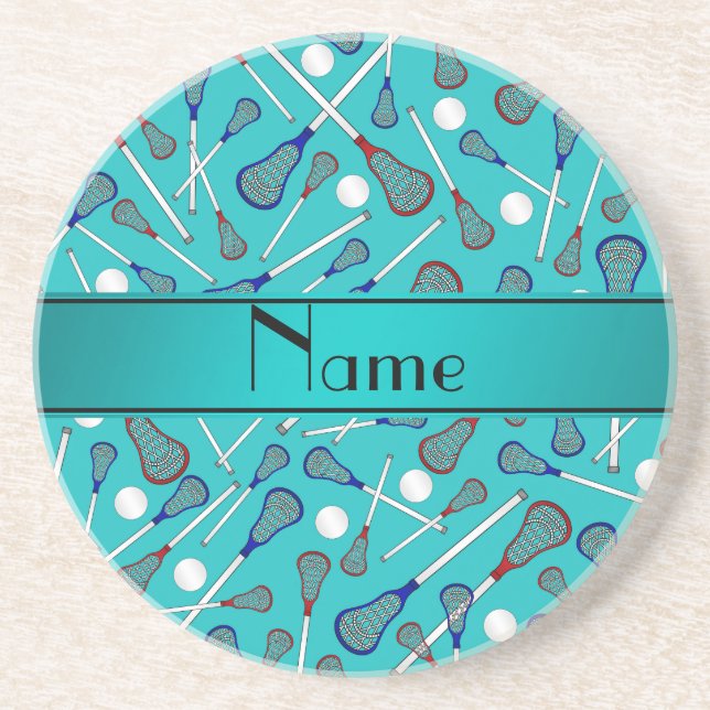 Personalized name turquoise lacrosse pattern drink coaster (Front)