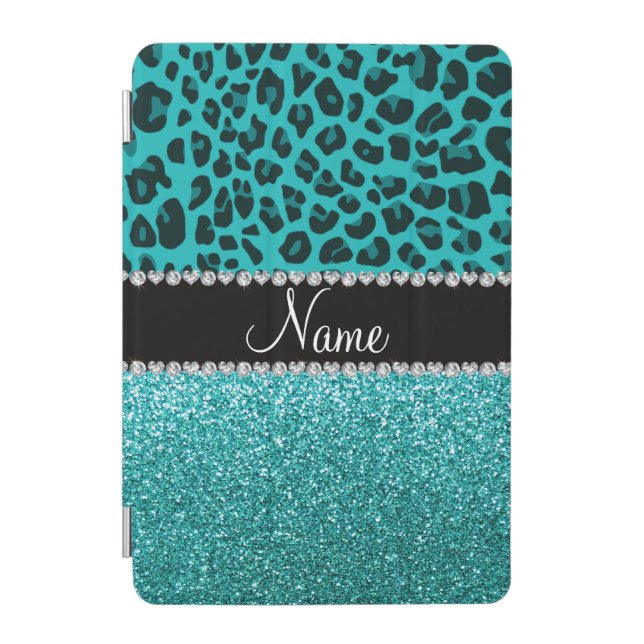 Personalized name turquoise leopard and glitter iPad mini cover (Front)