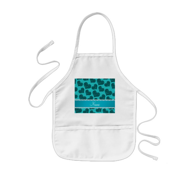 Personalized name turquoise leopard hearts kids' apron (Front)