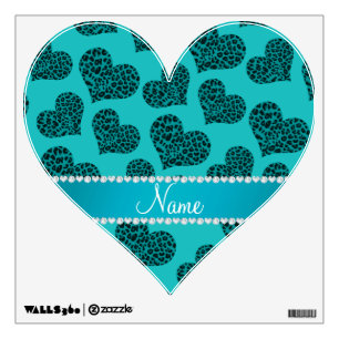 Personalized name turquoise leopard hearts wall decal