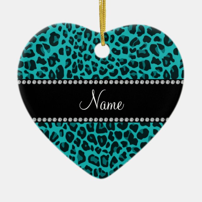 Personalized name turquoise leopard pattern ceramic ornament (Front)