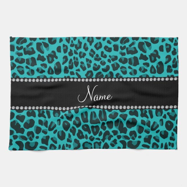 Personalized name turquoise leopard pattern towel (Horizontal)