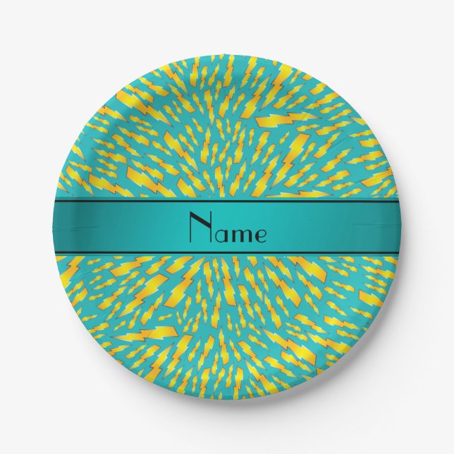 Personalized name turquoise lightning bolts paper plates (Front)