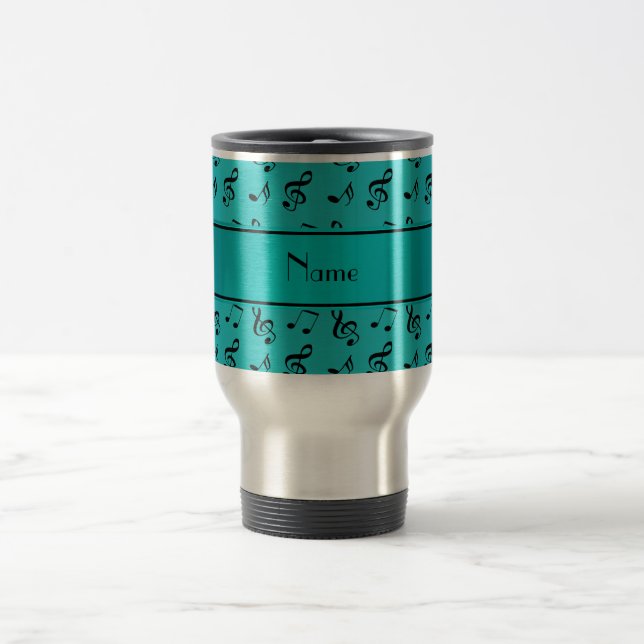 Personalized name turquoise music notes travel mug (Center)