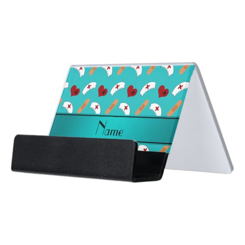Personalized name turquoise nurse pattern desk business card holder