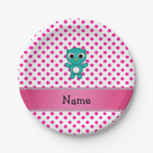 Personalized name turquoise owl pink stars paper plates