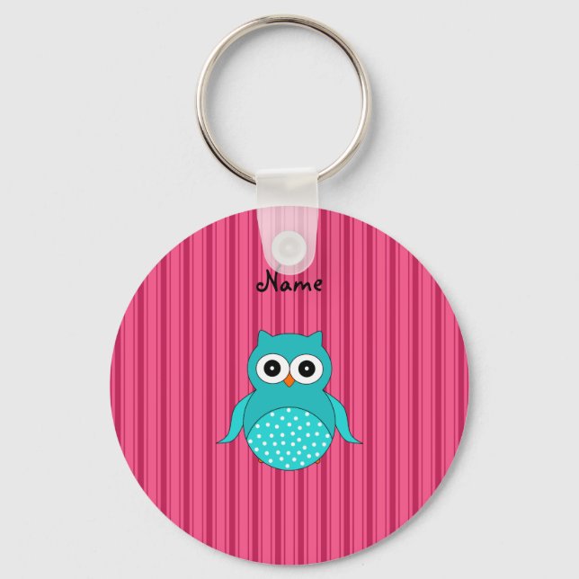 Personalized name turquoise owl pink stripes keychain (Front)