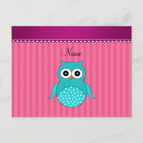 Personalized name turquoise owl pink stripes postcard