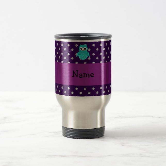 Personalized name turquoise owl purple diamonds travel mug (Center)