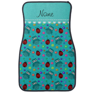 Personalized name turquoise owls flowers ladybugs car floor mat