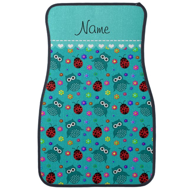 Personalized name turquoise owls flowers ladybugs car floor mat (Front)
