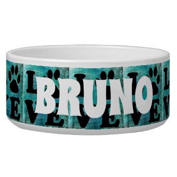 Personalized Name Turquoise Paw Love Dog Bowl by Everything_Grandma at Zazzle
