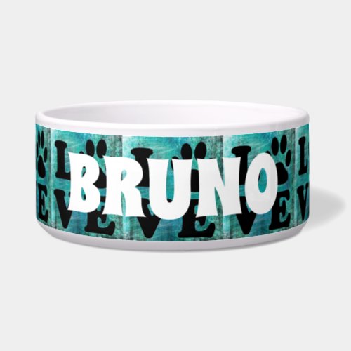 Personalized Name Turquoise Paw Love Dog Bowl