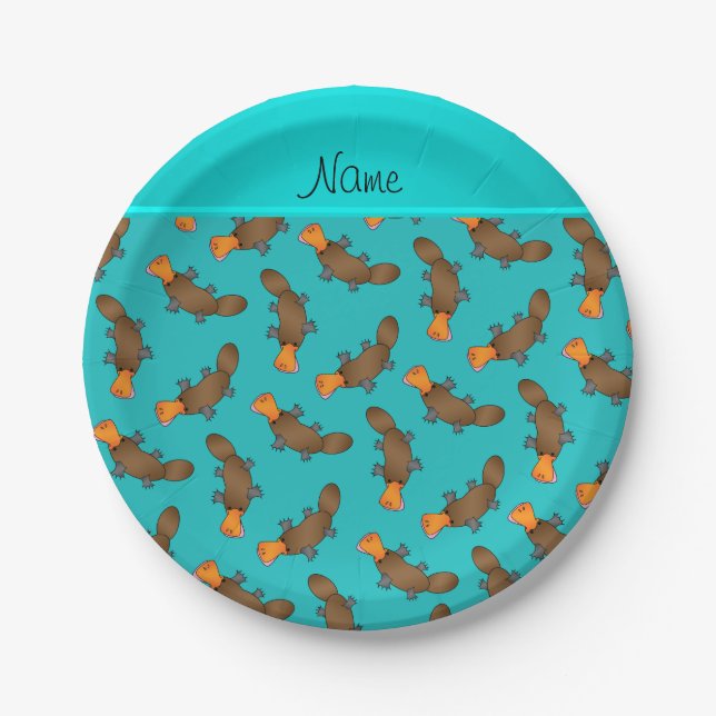 Personalized name turquoise platypus pattern paper plates (Front)