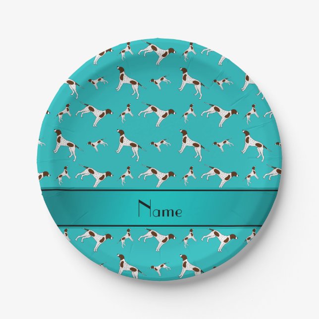 Personalized name turquoise Pointer dogs Paper Plates (Front)