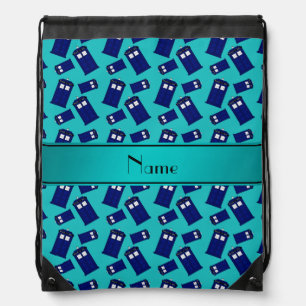 Personalized name turquoise police box drawstring bag