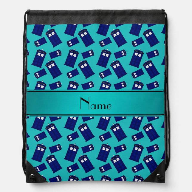 Personalized name turquoise police box drawstring bag (Front)